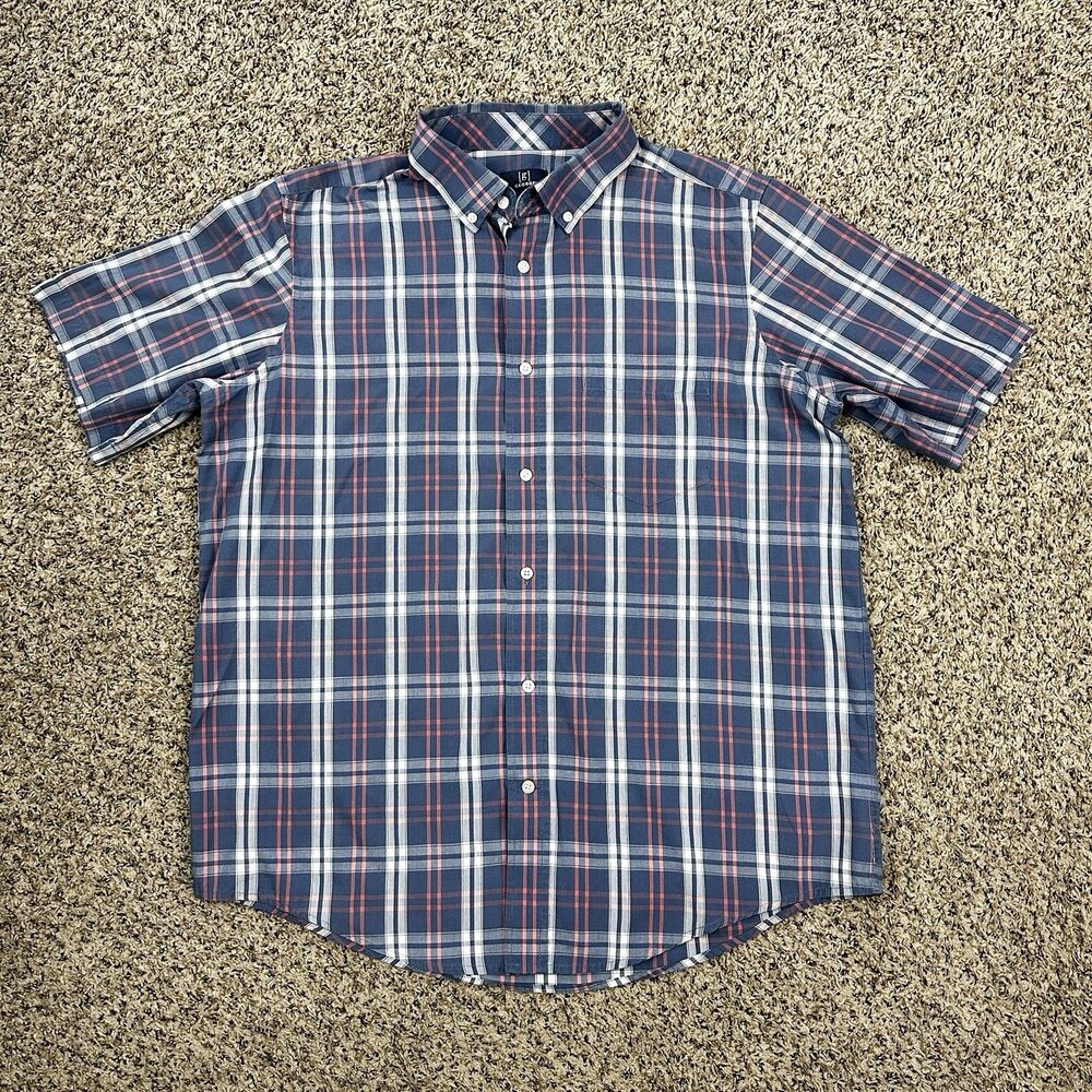George Classic Fit Button Up Shirt Mens L Slate Blue Plaid Short Sleeve Collared